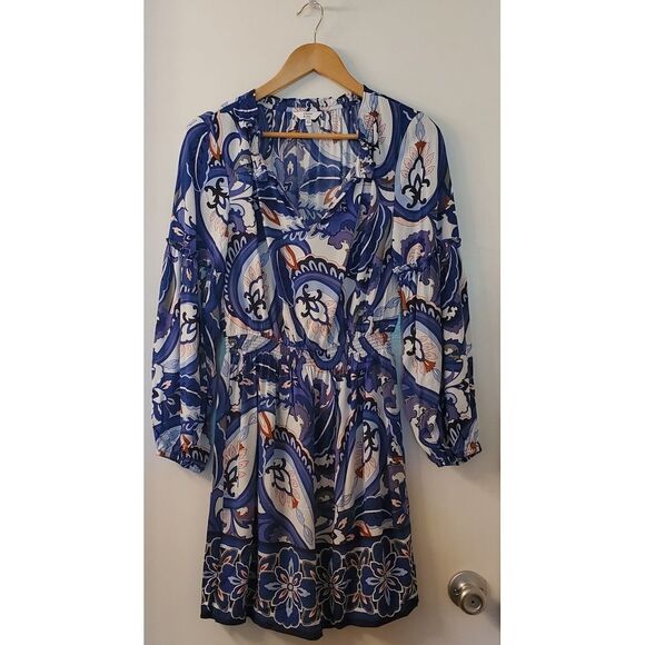 Crown & Ivy Dress Blue Paisley WOM XS Open Neck w/ Detailed Sleeves - Picture 2 of 12